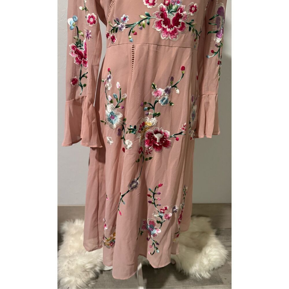 ASOS pink embroidered bell sleeve pink dress 8 - Picture 8 of 10